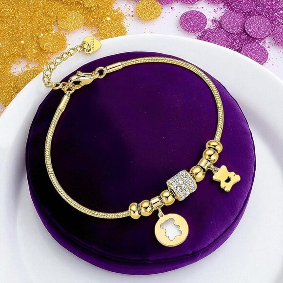 ποΈ18K Gold Plated Bear Charm Bracelet with Sparkling Rhinestones & Beads π«π» - Picture 1 of 13